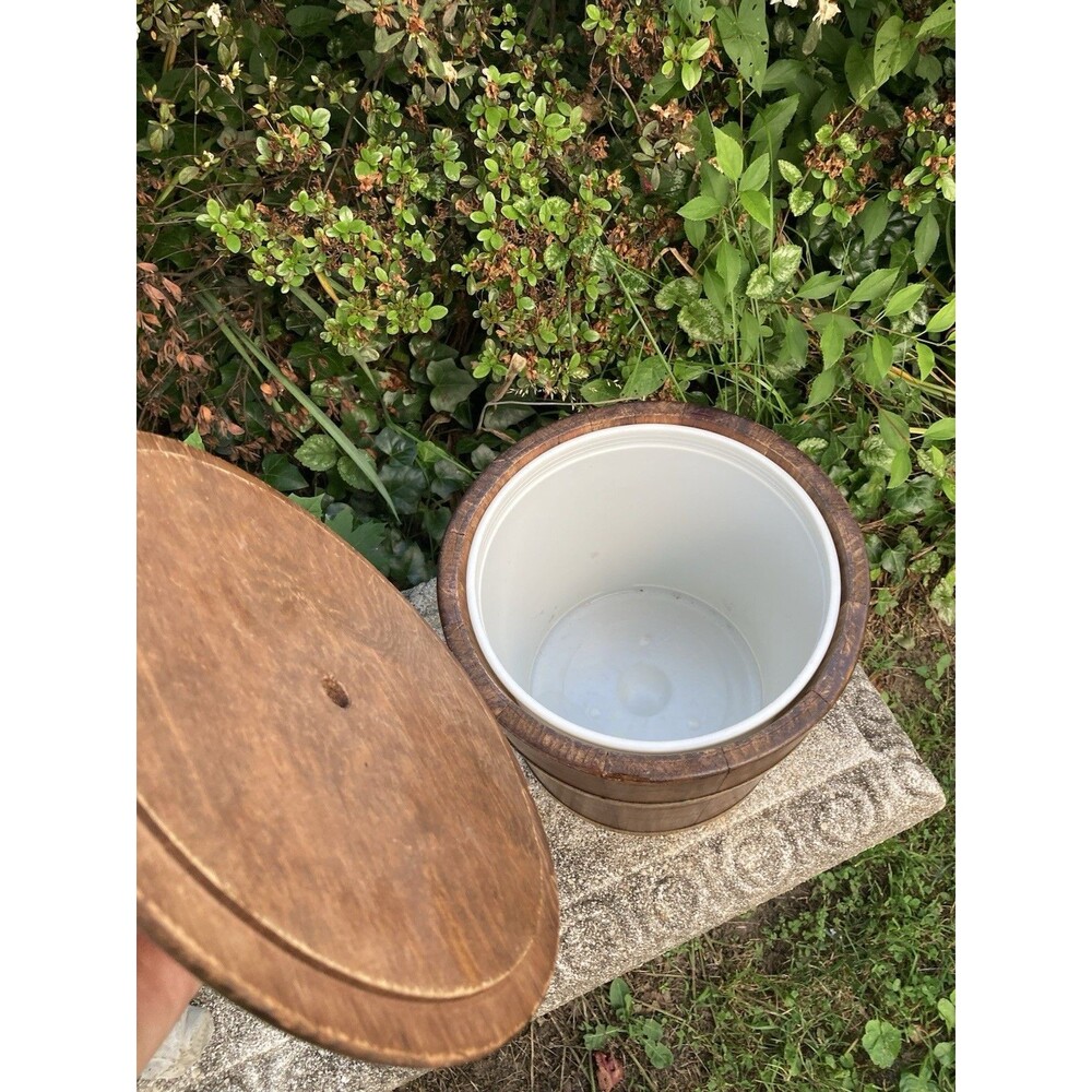 Vintage Farmhouse Wooden Firkin Barrel Ice Bucket w/ Brass Band & Bowl Liner - Picture 4 of 9